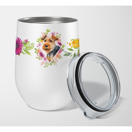 12 Oz Welsh Terrier Pink Flowers Stainless Steel Stemless Wine Glass